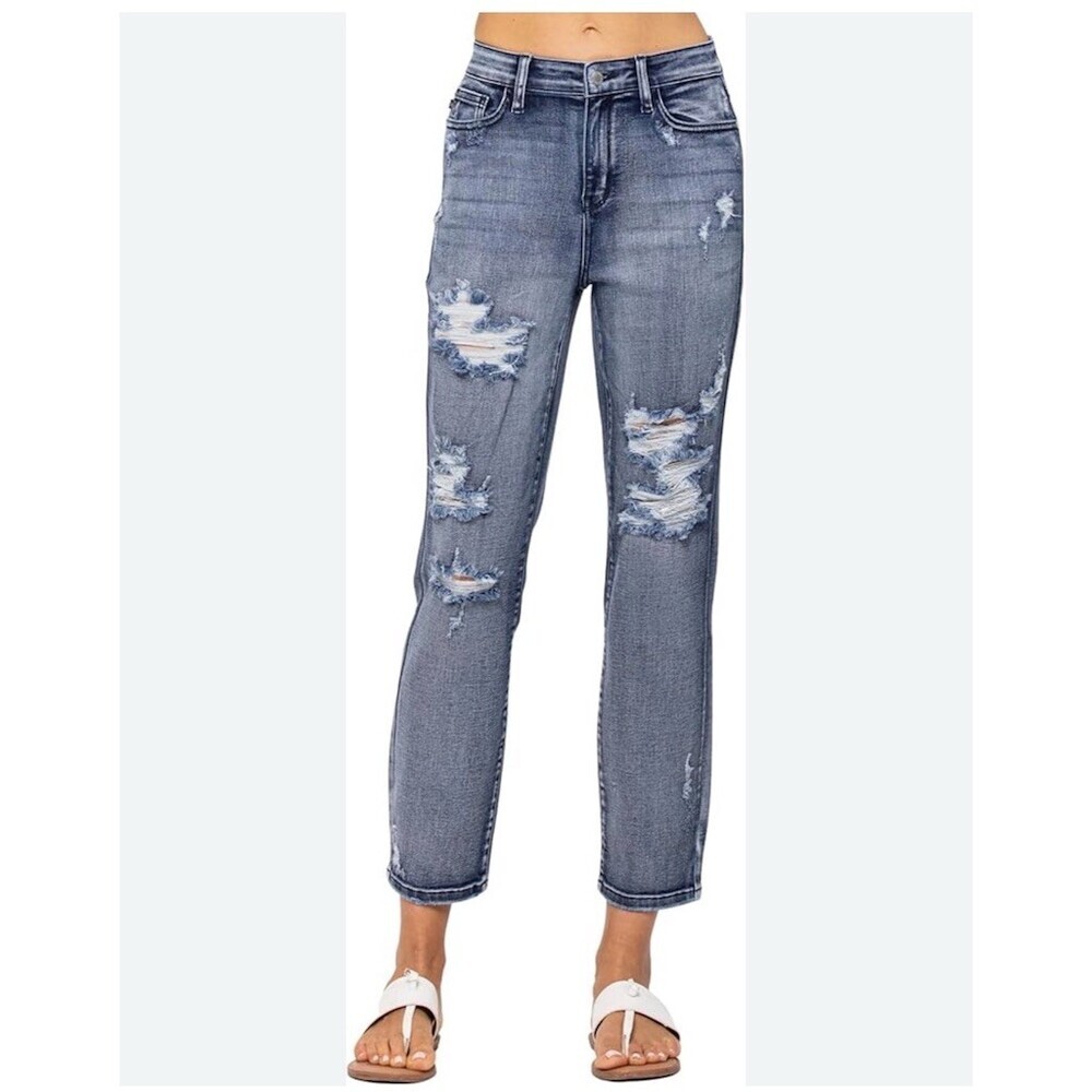 Judy Blue Jeans Womens Size 15 High Rise Boyfriend Blue Distressed